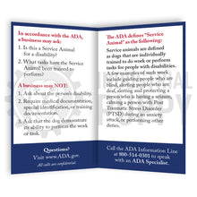 Load image into Gallery viewer, Industrial Puppy 50 ADA Service Dog Cards with Rules and Specifics of Service Animal Rights
