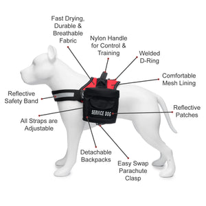 Service Dog Harness w/ 2 Removable Saddle Bags PLUS 4 "SERVICE DOG" Velcro Patches, Service Animal Vest & Dog Pack Carrier by Industrial Puppy