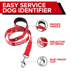 Service Dog Leash with Neoprene Handle and Reflective Silk-Screen Print in Red or Black, by Industrial Puppy